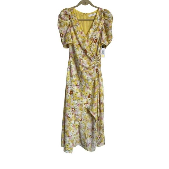 ASTR The Label Midi Dress Womens Small Yellow Rust Martina Floral Ruched NWT - Picture 3 of 14